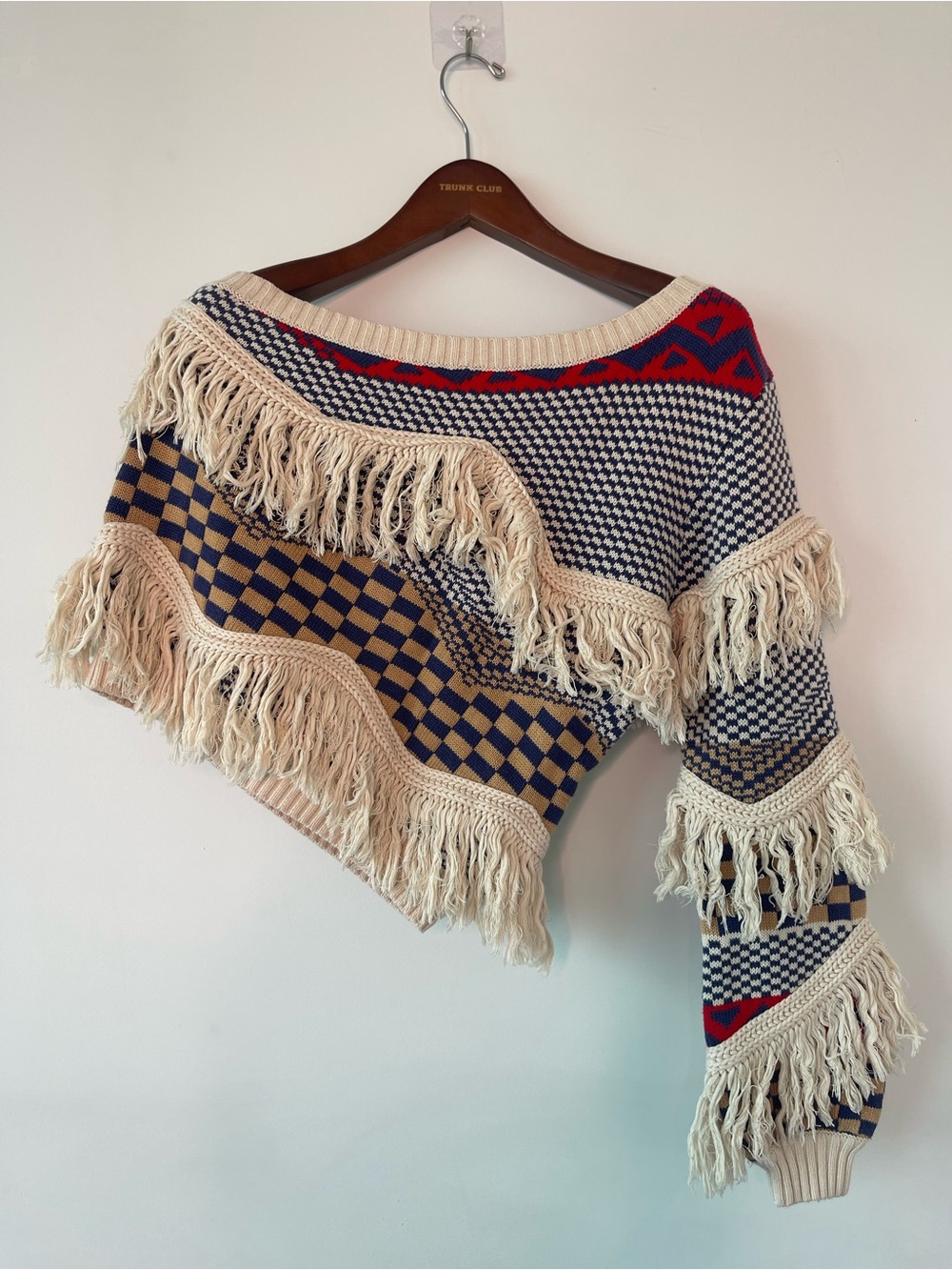 REVOLVE Fringed Knit Off-the-Shoulder Sweater in Cream, Navy & Red